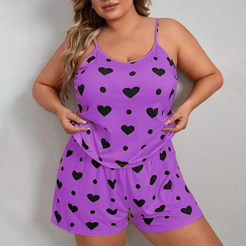 Plus Size Heart Print Women Pajama Set Sleeveless O Neck Crop Top & Elastic Waist Shorts 2 Pieces Female Sleepwear Nightwear