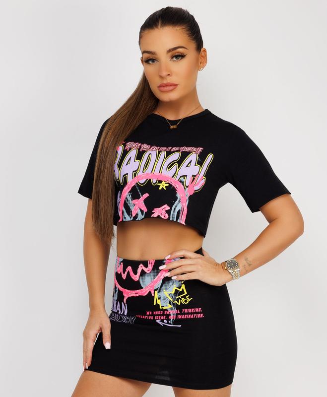 Lexi Fashion Womens Neon Pink Radical Print Graphic Crop Top And Mini Bodycon Skirt Festival Rave Outfit 2 Pcs Co Ord Set UK Size Short Womenswear Comfortable 5