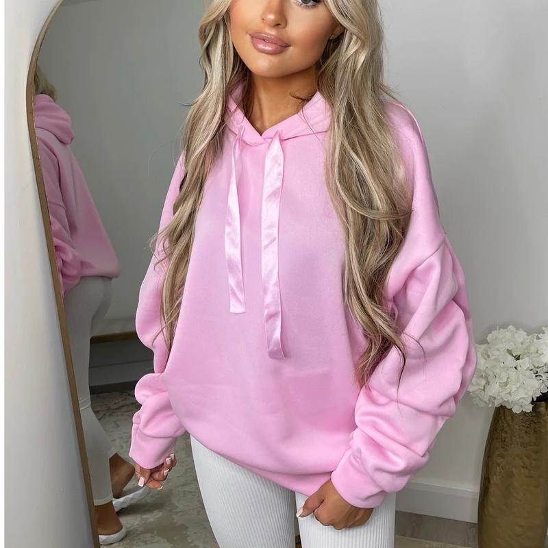 Ruched Arm Ribbon String Hoodie, Oversized Baggy Comfortable Womenswear 5