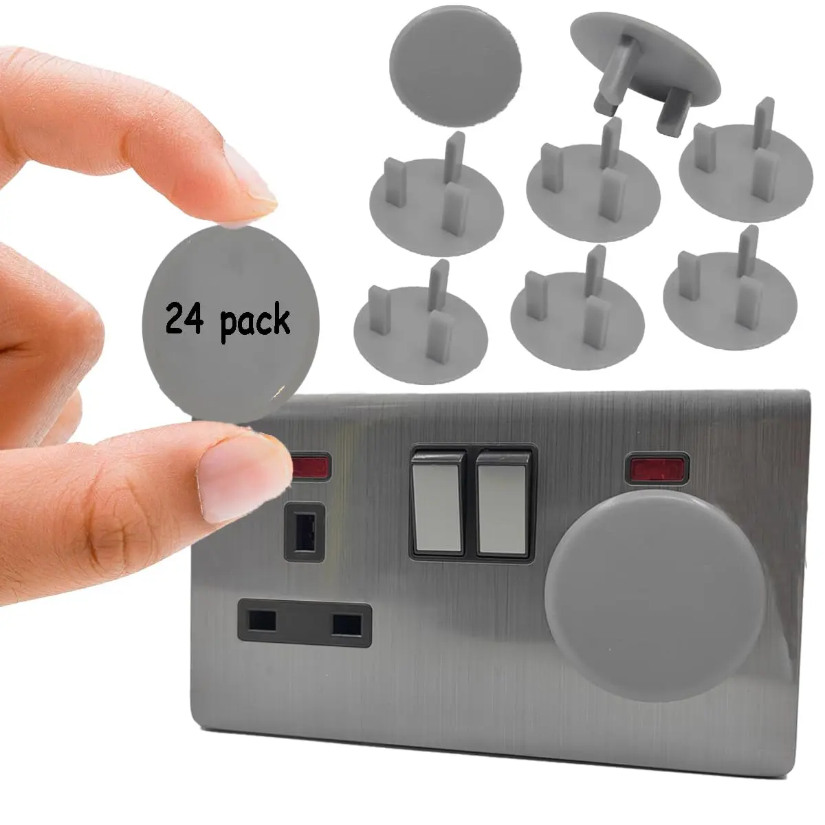 24 Pack Grey Plug Socket Covers UK, Child Baby Plug Socket Covers for Sockets UK