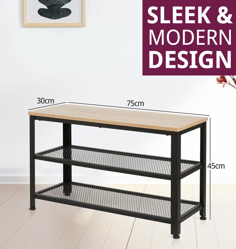 Hallowood Furniture Malvern 2 Tier Metal Shoe Rack with Wooden Oak Effect Top, Modern Shoe Storage, Shoe Rack Storage Organiser Shelf, Small Entryway Bench, Narrow Shoe Rack for 6 Pairs of Shoes 1