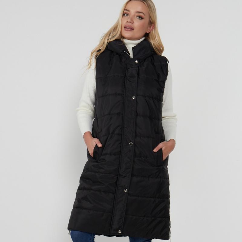 Xara. Black Khaki Chocolate Brown Baby Pink Sky Blue Cream Beige Purple Gold Apricot Winter Warmer Puffer Gilet Long Jacket Hooded Sleevless Jacket Coat Body Warmer 1