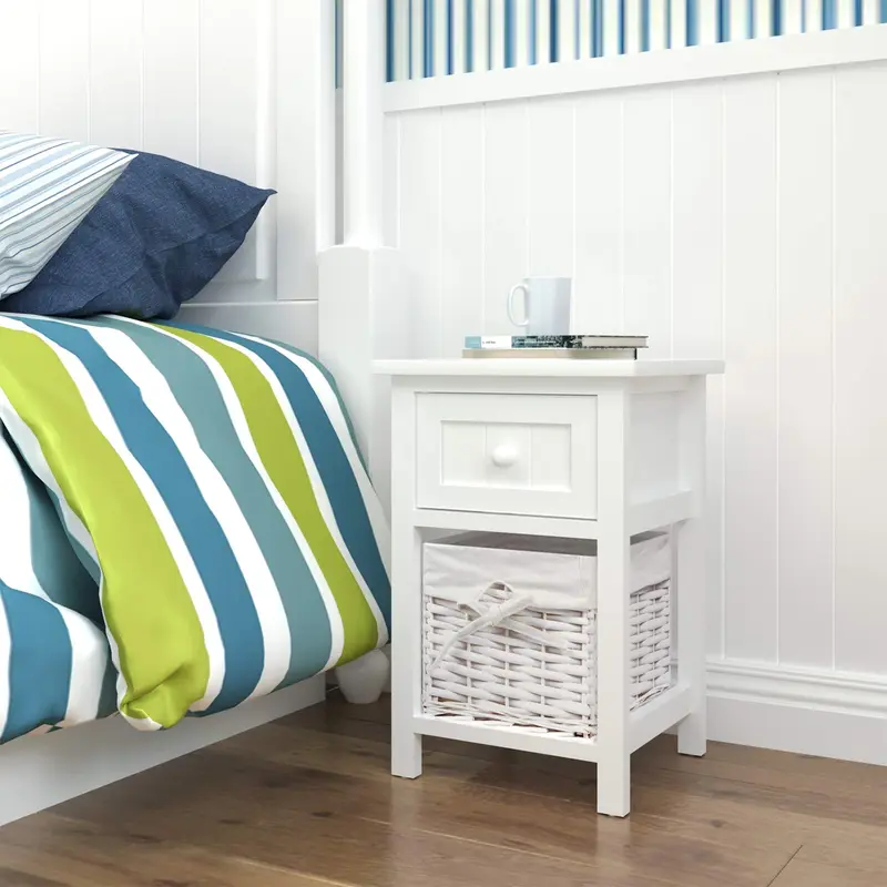 Joolihome Bedside Tables Set of 2,Bedside Cabinet,White 1 Drawer 1 Basket Nightstands for Bedroom,Living Room,Narrow Side Tables 1