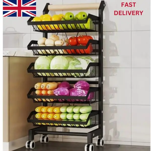 5 Tier Vegetable Rack Fruit Storage Kitchen Utility Basket Trolley Cart Wheel