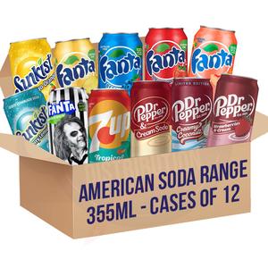 American Soda Range (Fanta Dr Pepper, Coca-Cola, Sprite, Minute Maid, Sunkist) 12fl oz/355ml - Case of 12 and Beverage Fruit