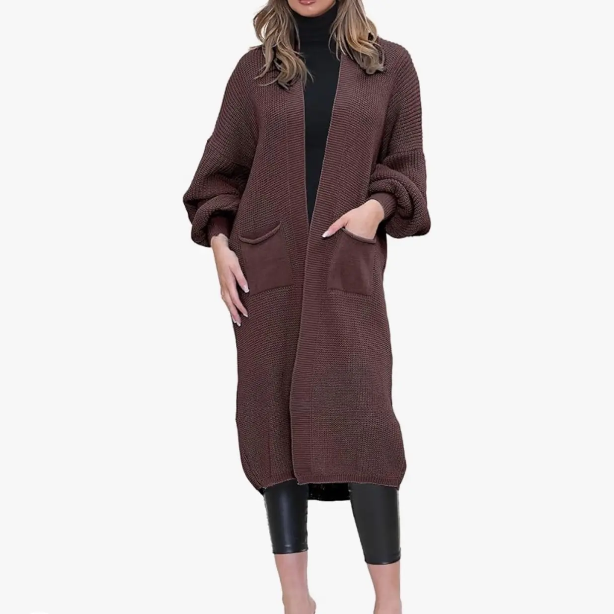 Long Ladies Balloon Sleeve Cardigan Oversized Pocket Chunky Weave Knitted Ribbed Jumper Comfort Knitwear