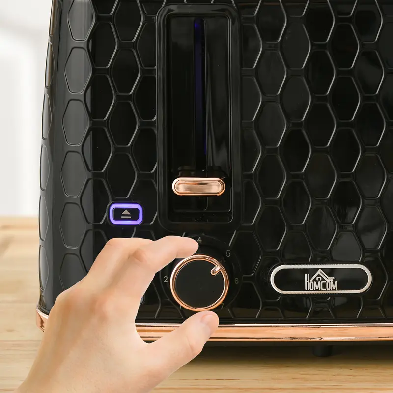 HOMCOM 4 Slice Toaster with 7 Browning Levels, High Lift, Reheat/Defrost/Cancel, Self-centring Function, Removable Crumb Tray, Auto Off, 1600W, Black Honeycomb Texture 8