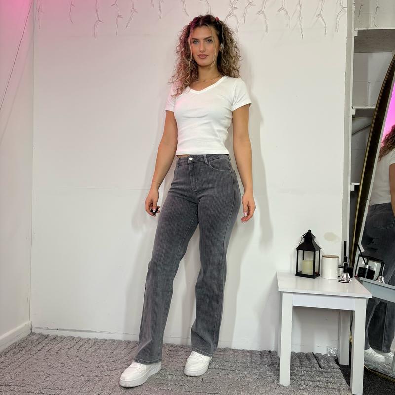 [HouseOfTrendz] HOLLY Straight Leg Corduroy Effect Denim Jeans 31" Inside Leg - Dad Fit High Waisted Denim Super Stretch Comfortable Girls  jeans Casual Striped 7