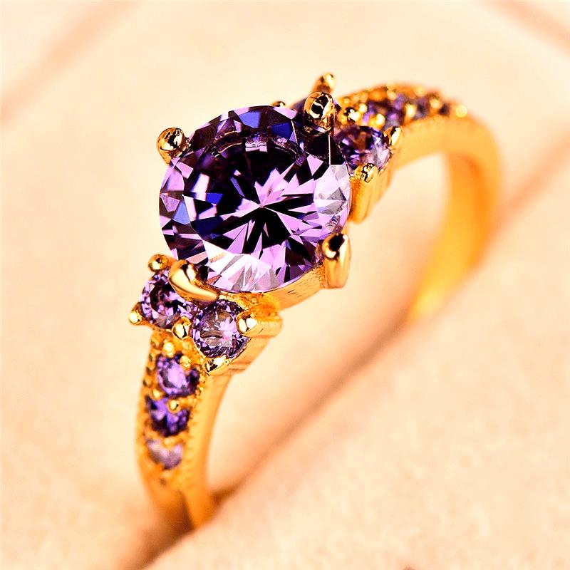 Product Introduction of Boho Purple Pink zirconia Ring Round Cut 18k Gold Plated Wedding Engagement Evening Party Ring 1