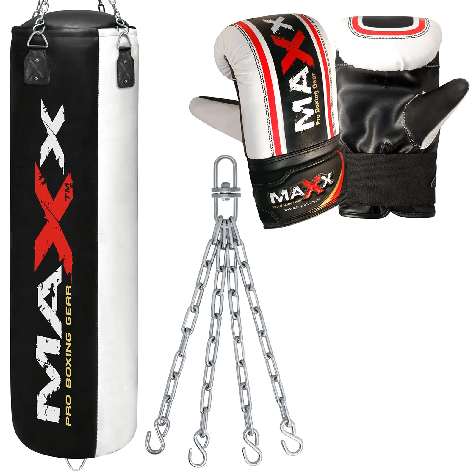 Maxx Pro Boxing Gear  Black / White heavy Filled Hanging boxing  Punch bag in sizes 3ft 4ft 5ft   Boxing bag with Chain and  Bag mitts ready to use