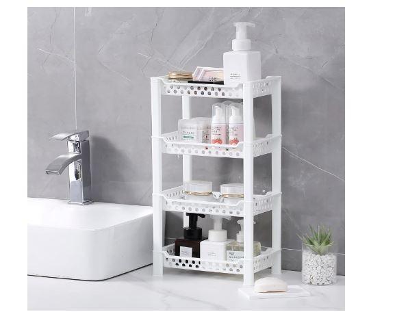 4 Tier Corner Shower Caddy Organiser | Standing Shelf Rack Rustproof Corner Shelves for Bath Accessories, Shower Pan, Bathtub, Bathroom Storage Unit White Plastic Adjustable 1