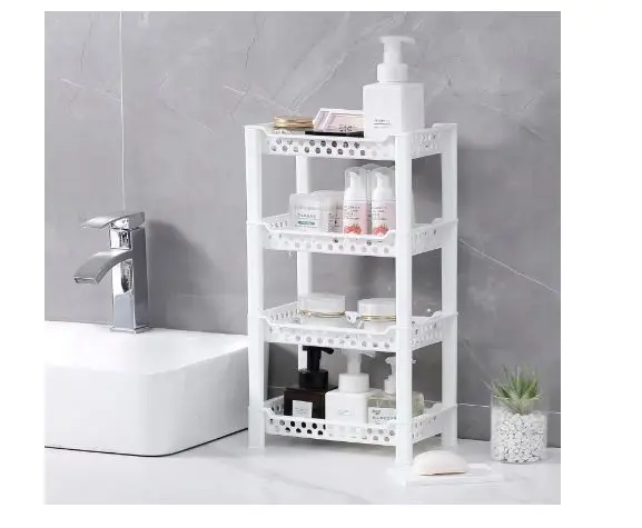 4 Tier Corner Shower Caddy Organiser | Standing Shelf Rack Rustproof Corner Shelves for Bath Accessories, Shower Pan, Bathtub, Bathroom Storage Unit White Plastic Adjustable 1