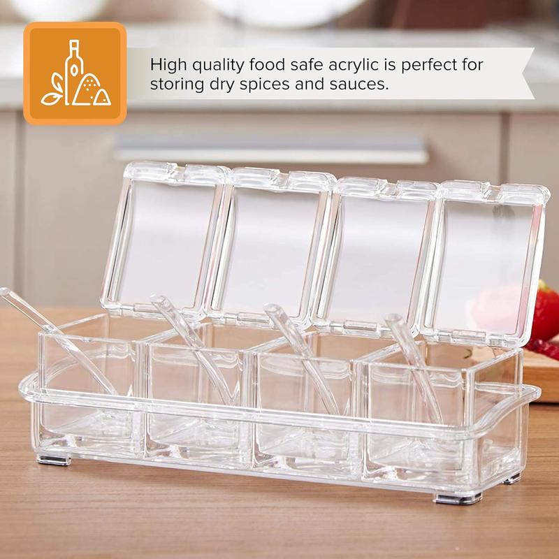 Spice Box - 4-Piece Spice Containers Storage Set - Seasoning Jars for Herbs, Spices & Seasonings - Acrylic Spice Storage with Cover and 8 Spoons for Salt, Pepper, Sugar, and Spices for Cooking Kitchen Transparent Utensils Tin Canister 3