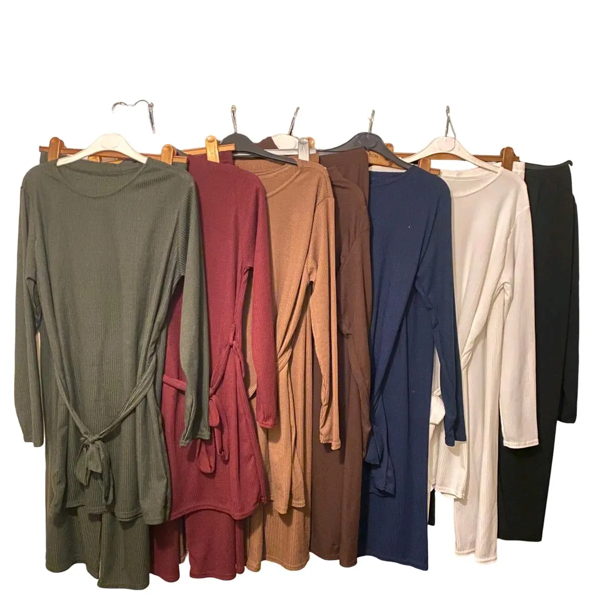 Womens two piece Matching Ribbed Co-ord Co ord set belted Adjustable with long sleeve Modest