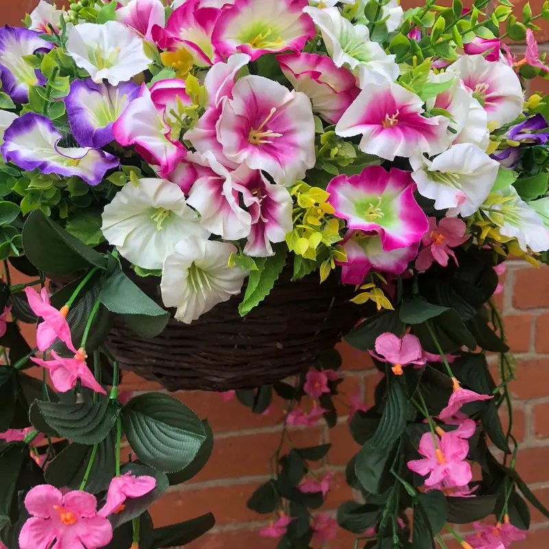 Large Handmade Morning Glory Petunia Trailing Flowers in Hanging Basket with Foliage Berries - 12 Inch Basket - Decorative, Decor Decoration Plants Nature 2