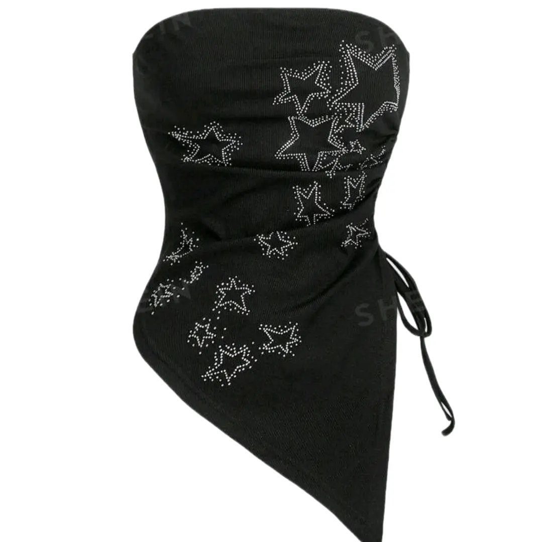 Women's Strapless Top with Rhinestone and Asymmetrical Hem for Grunge Punk Metallic Music Festival - Blouses, Womenswear Sleeveless