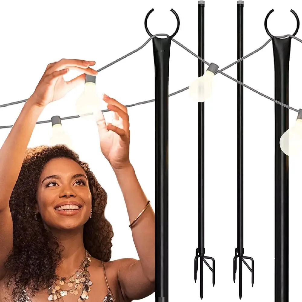 Out door metal poles with Hooks for Hanging String LIghts|  Garden patio 8m 2Pack