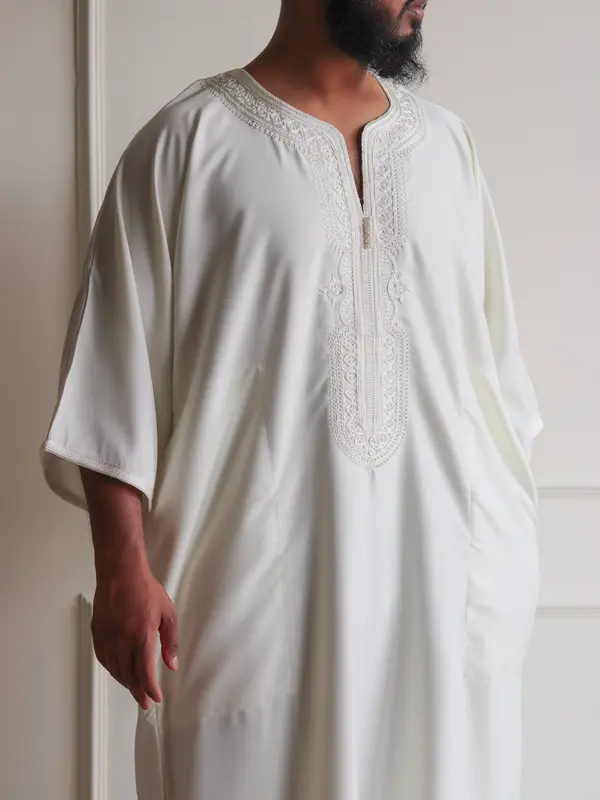 Classic Premium Summer Moroccan Thobe | Gabardine | Double Pocket | Elegant Embroidered Gandoura for Men 7