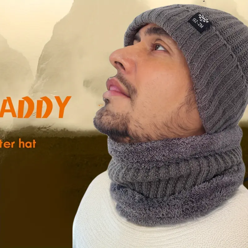 Men's Winter Coldproof And Warm Hat, Ear Protection Thickened Knitted Beanie Hat & Scarf Set 4