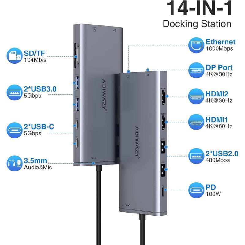 USB C Laptop Docking Station with Dual HDMI, 14 in 1 Multiport Adapter for Dell/HP/Lenovo/Surface/ASUS Size Name: 14-IN-1 DP 6