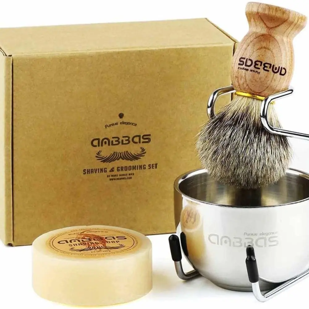 Badger Hair Shaving Brush Wood Handle and Stainless Steel Shaving Brush Stand with 2 Layers Stainless Steel Soap Bowl,Goat Milk Soap 4in1 Shaving Set Perfect for Men Gift