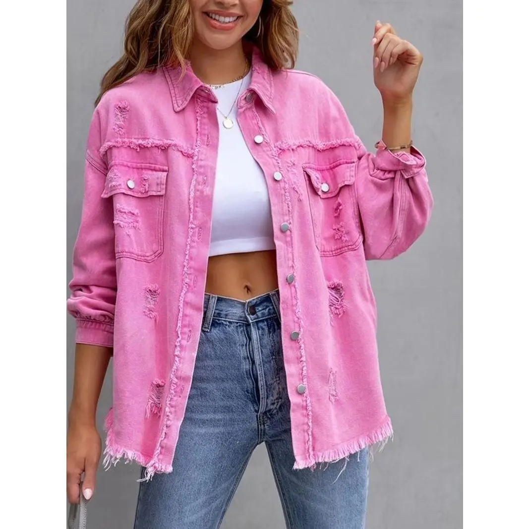 【2024】New American Solid Color Medium Long Ripped Sleeve Denim Coat European And Style Jacket Woman Womenswear Check