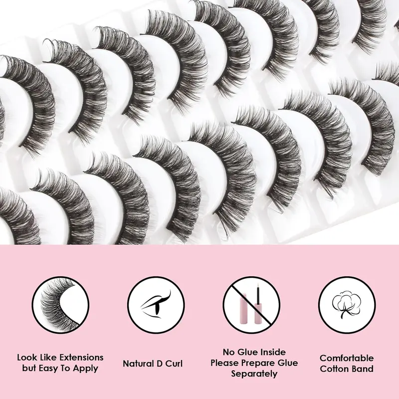 Cat Eyelashes Volume 3D Hybrid Natural Look Fake Russian Strip Lashes 10 Pairs Dramatic Fluffy Handmade Reusable D Curl False Eyelashes Faux Makeup 2