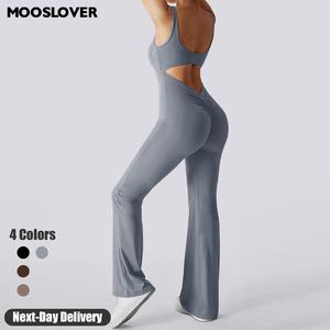 Mooslover UK Women Workout Flare Jumpsuits Sexy Backless Gym Bodycon Scrunch Butt Yoga Rompers V Back