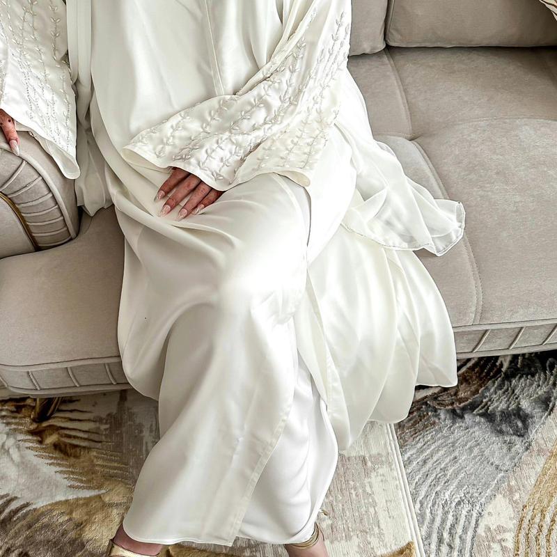 HS1024 1pcs Satin Cardigan Handmade Beaded Dress Abaya 4