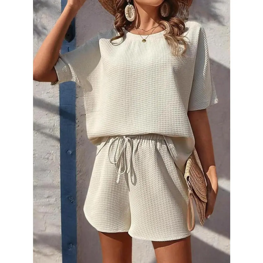 Two-piece Set Women's Plain Waffle Round Neck Oversized T Shirt & Shorts Set, Classy Two Piece Sets, Casual Batwing Sleeve Tops That Hide Stomach & Drawstring Waist Shorts, Two Piece Set, Two Piece Set Women