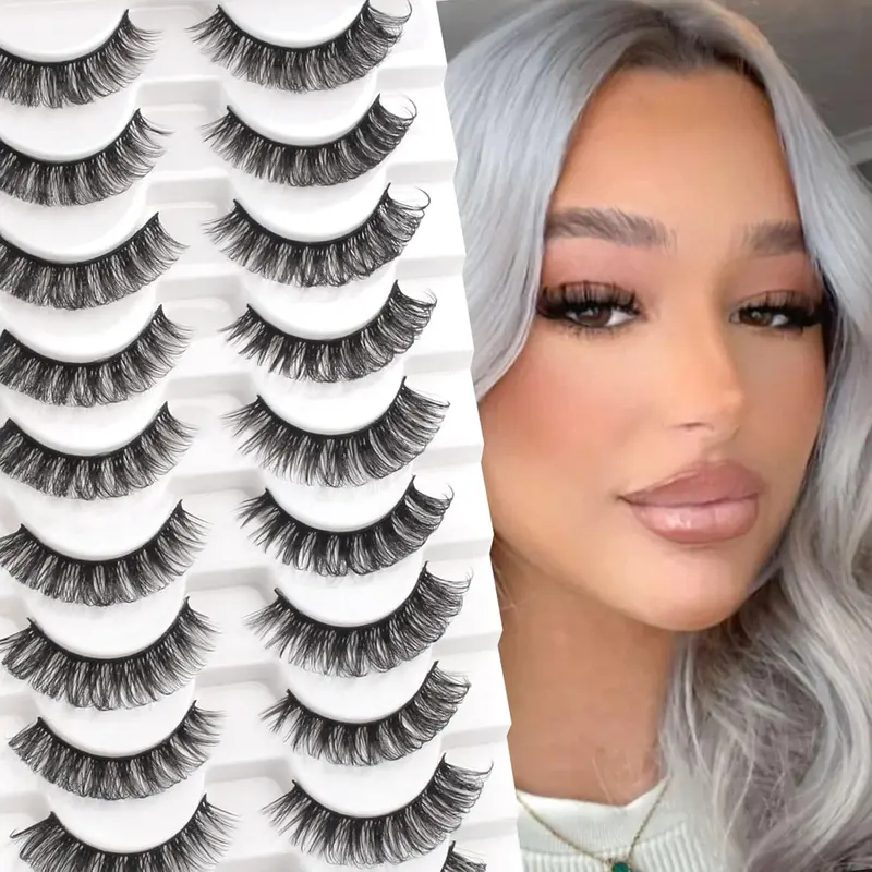 Cat Eyelashes Volume 3D Hybrid Natural Look Fake Russian Strip Lashes 10 Pairs Dramatic Fluffy Handmade Reusable D Curl False Eyelashes Faux Makeup 0