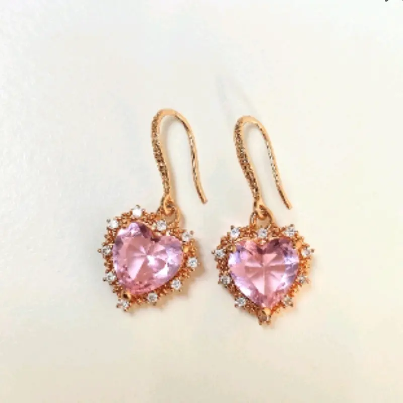 gold colour filled pink heart earrings,viral golden pink earrings,rose pink golden earrings,crystal earrings,gift for her, graduation gift, wedding gift, birthday gift, antique golden heart earrings. 4