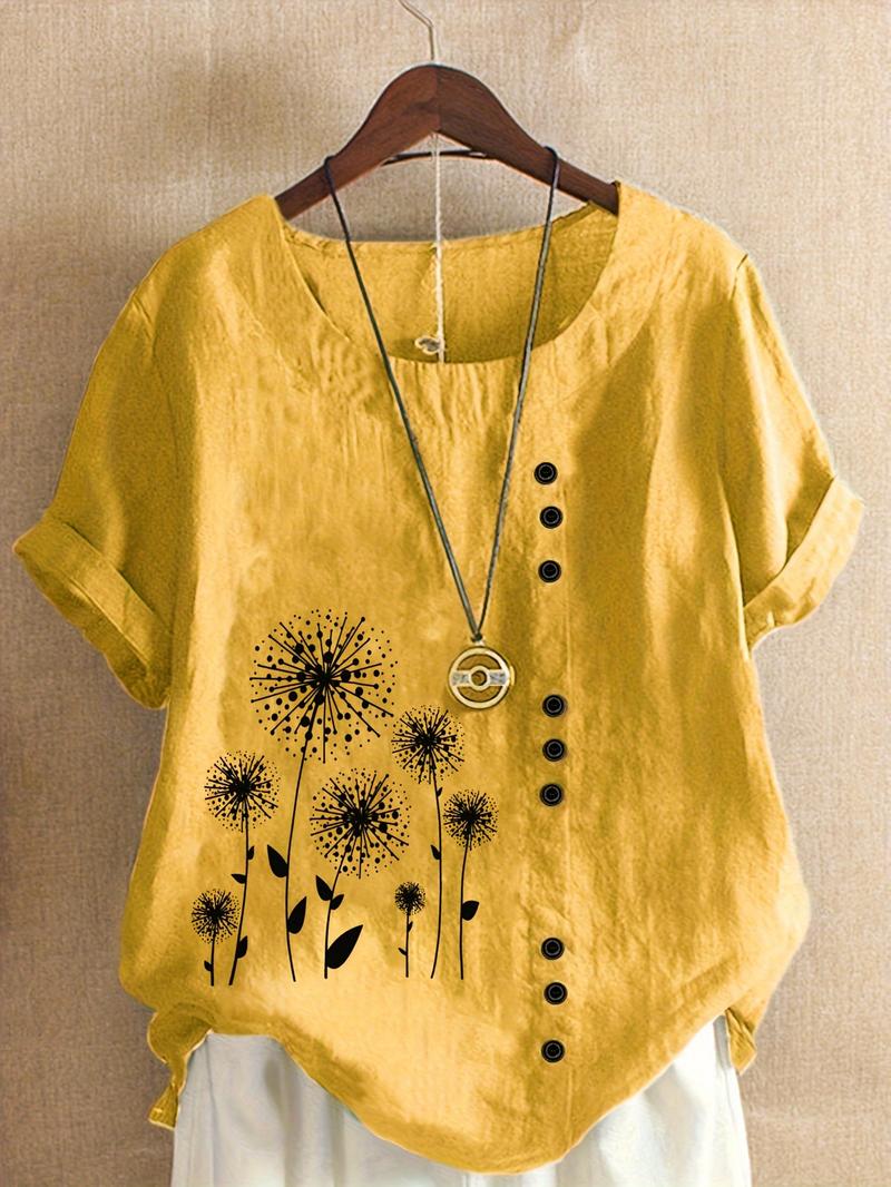 Product Introduction of Women's Plus Size Casual Loose-Fit Blend Blouse with Floral Print, Short Sleeve, Round Neck, and Faux Button Details - Soft Green Fabric, Machine Washable, Blouse Shirts Top 1