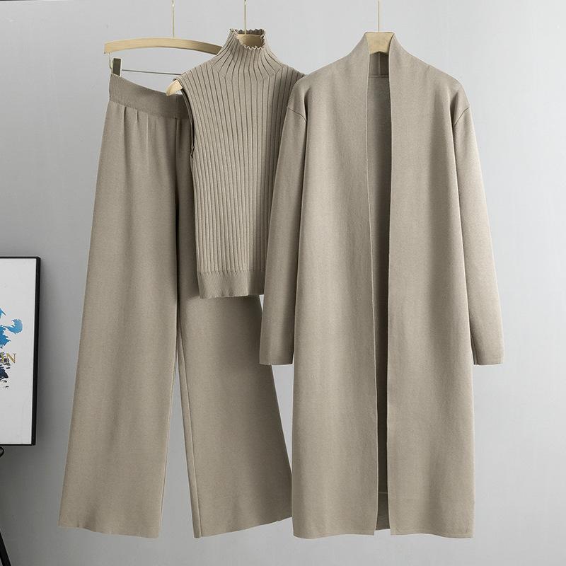 KatchMe Women's Casual Solid Color Turtle Neck Ribbed Tank Top & Wide Leg Trousers with Open-Front Cardigan Three-Piece Set 2