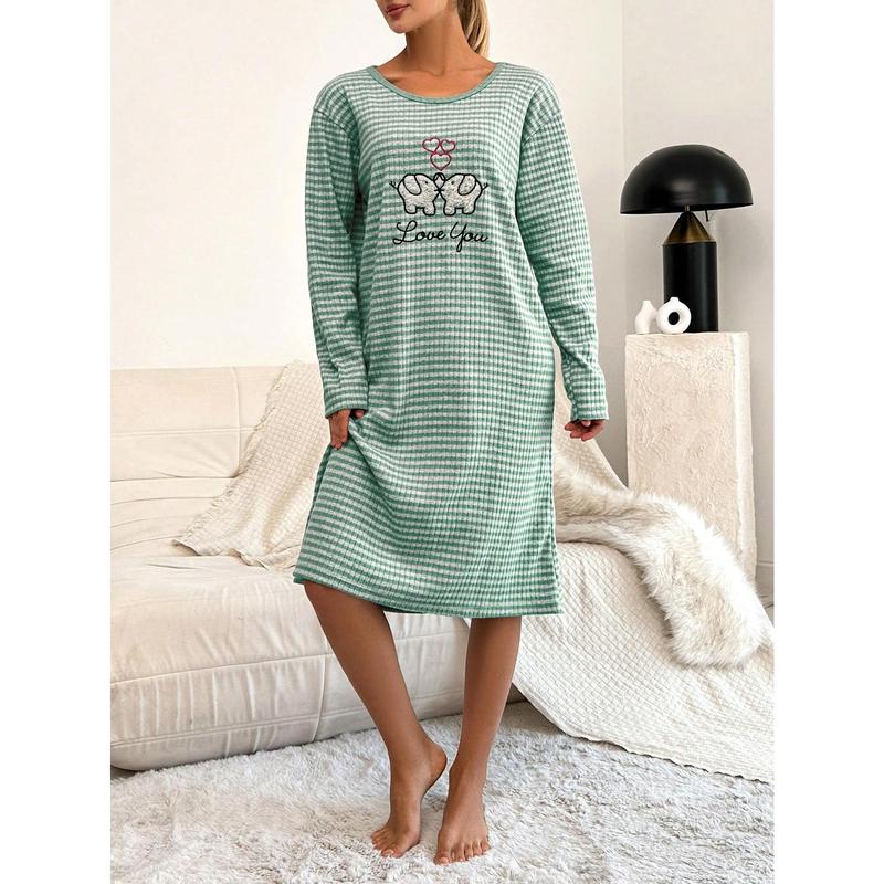 Cottnline Elephant & Letter Embroidery Striped Print Drop Shoulder Nightdress Cotton Fabric Fit Long Sleeve Comfort Casual Homewear Shirts Loungewear Womenswear Nightwear 4