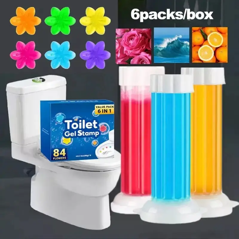 Uziy Toilet Gel Stamps - 6pcs in Box, 84 Fresh Floral Scents - Long Lasting Hygiene & Freshness for Bathroom Toilet Bowl Cleaning & Air Freshener - Odor Free - Flower, Household toilet Gel 5