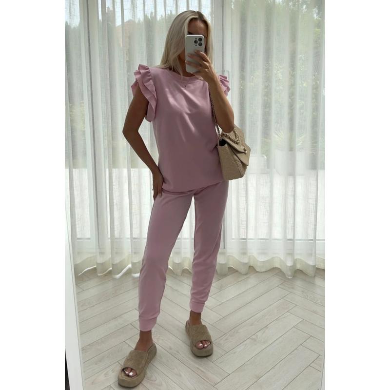 Womens Frill Peplum Sleeve Top Bottom Lounge Wear Set Shortsleeve Short 1
