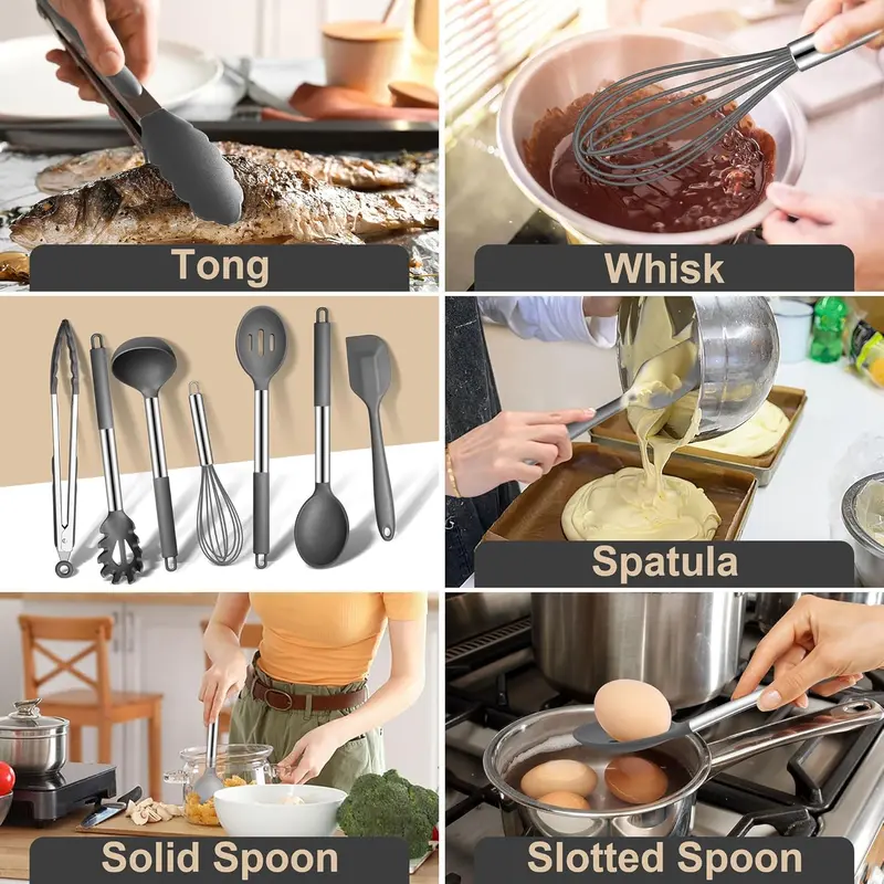 Kitchen Utensils Set, 10 Pcs Silicone Cooking Utensils Set with Stainless Steel Handle, Heat Resistant Cooking Tools Spatula Turner Spoon with Holder, Dishwasher Safe & Non Scratch, Grey 5