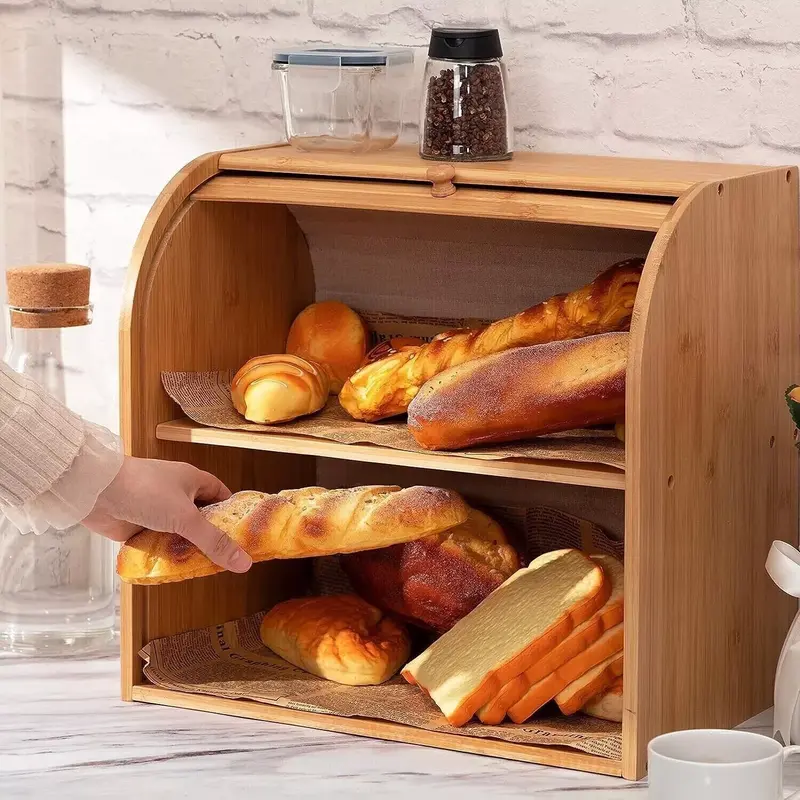 2 Tier Bread Bin with Double Layer Slide Roll Top Design | Sturdy Food Storage Box for Kitchen | Space Saving Organizer for Bread, Fruits, Snacks & Bakery Essentials | Modern Two Tier Bread Box for Home Use | Countertop Food Storage Rack | Kitchen Storage 2