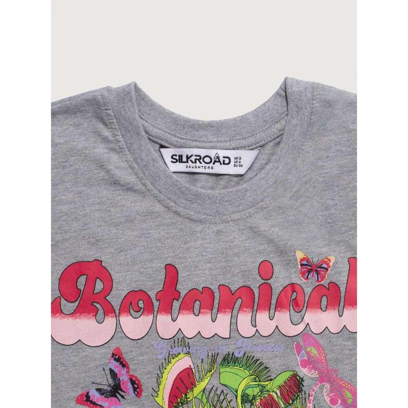 Grey Botanical Print Basic Short Sleeve Tee Fit Top 4