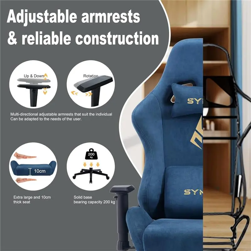 Gaming Chair, Computer Chair with Footrest, Headrest and Lumbar Support, Ergonomic PC Chair, Height Adjustable Rotating Task Chairs, Blue
