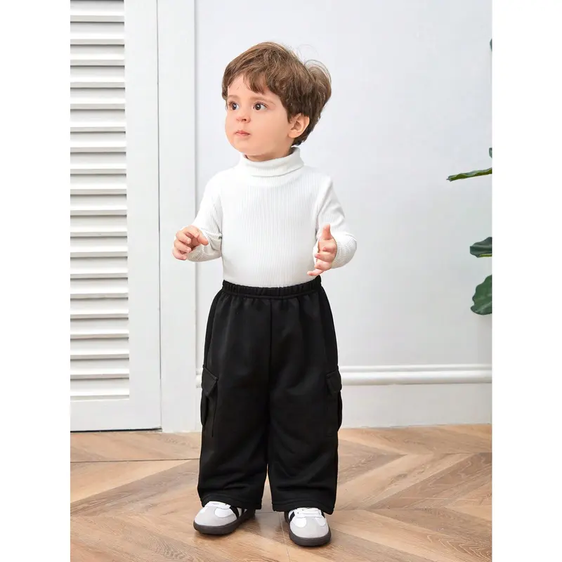 Casual Korean Style Patch Pocket Loose Straight Knit Sweatpants, For Baby Boy/Baby Girl 3
