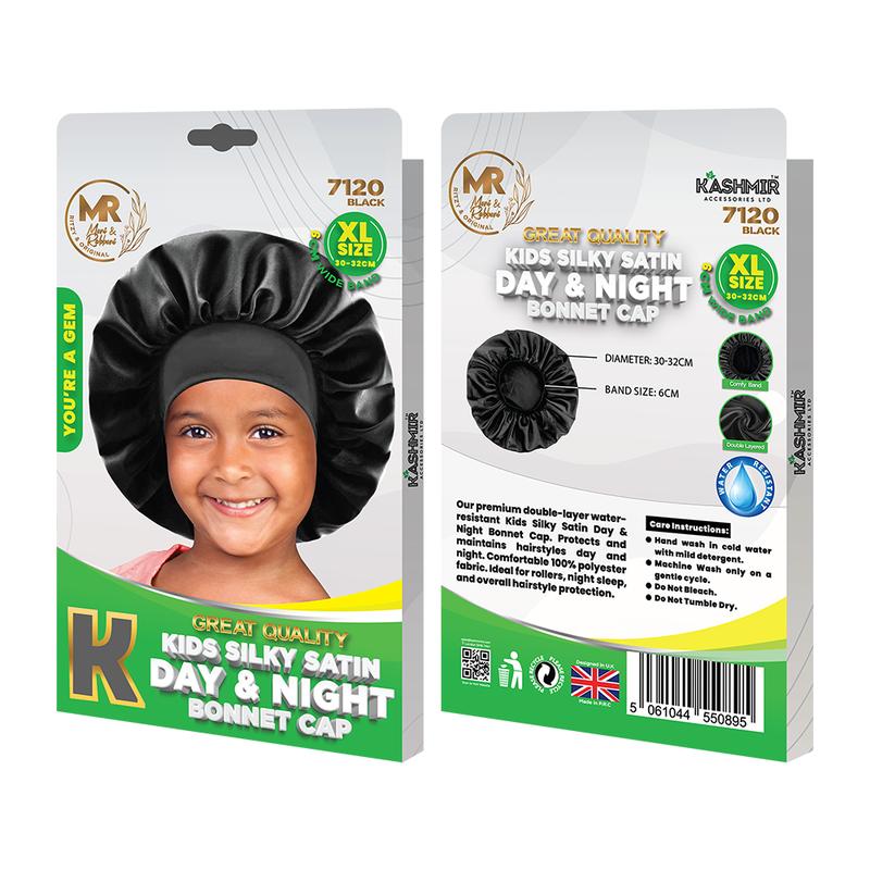 MR Great Quality Kids Silky Satin Day & Night Bonnet Cap Extra Large | Silk Satin Bonnet, Soft Sleep Cap, Hair Wrap for Sleeping, Bonnet Cap, Bonnet for Kids, Hat, Hair Care, Gifts, Comfortable Elastic Head Cover for Curly & All Hair Types Black - 7120 4