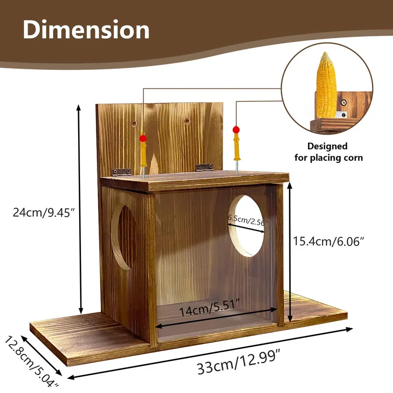 Wood Squirrel Feeder Box for Backyard Garden, Durable Wall Hanging House, Carbonized Wood, Chinchilla Feeder Box 4
