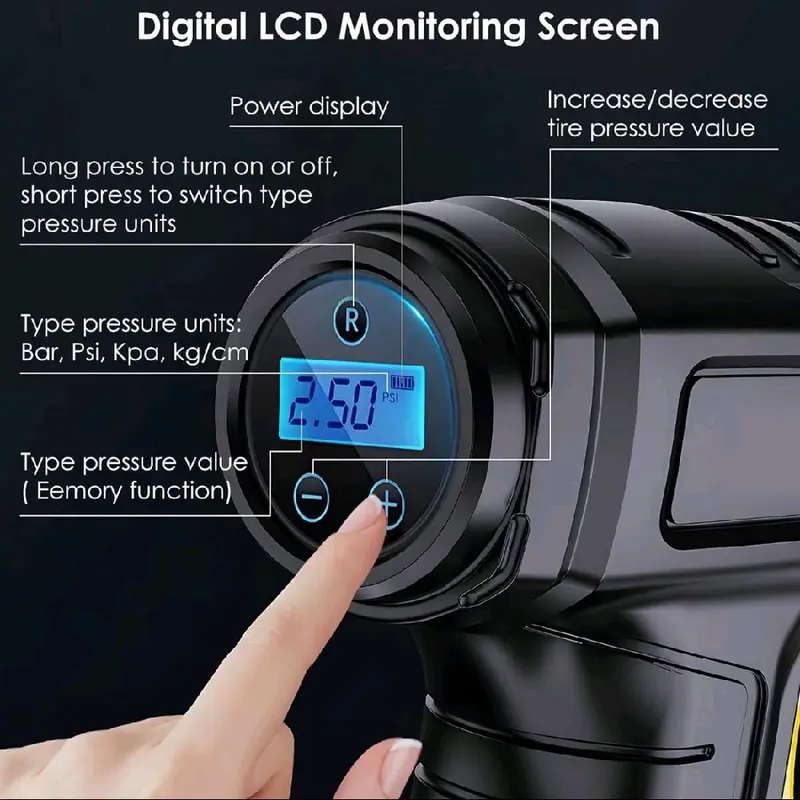 Portable Car Tire Inflator - Rechargeable Wireless Air Pump Car Air Pump Wireless Inflatable Pump 120W Portable Air Compressor Digital Rechargeable Car Automatic Tire Inflator Equipmento wireless tyre 1