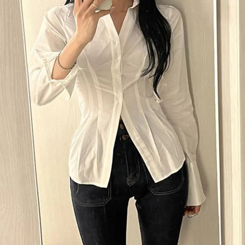 MEXZT Y2K Women Slim Blouses Office Lady Fashion Long Sleeve Folds Chic Shirt Vintage Streetwear Korean Sexy Skinny Casual Tops 3