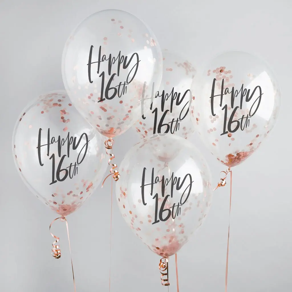 Happy 16th Rose Gold Confetti Balloons - 16th Birthday Balloons - Pack of 5
