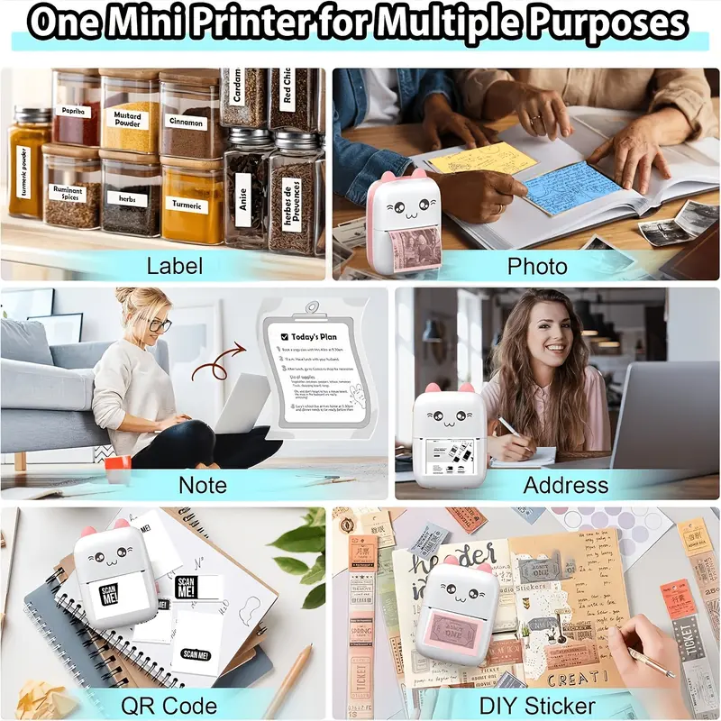 Portable Mini Thermal Printer - USB-Powered, 5 Rolls Self-adhesive Printing Paper,Cute Animal Design for Photos & Labels, Ideal for Travel, School, Office - Perfect Gift for Birthdays, Anniversaries 6