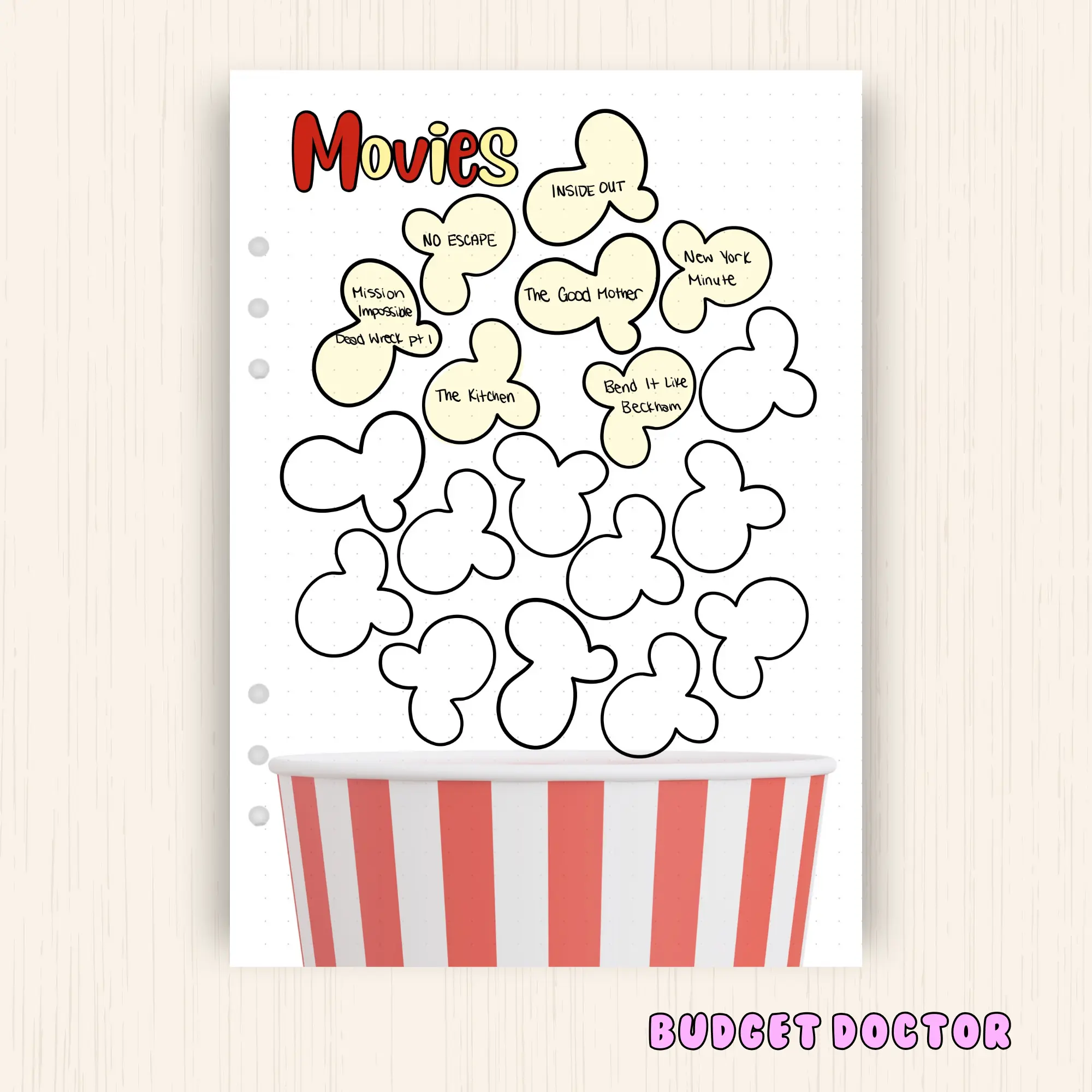 Film Movie Tracker, a5 Cardstock Paper to fit in 6 ring planner journal