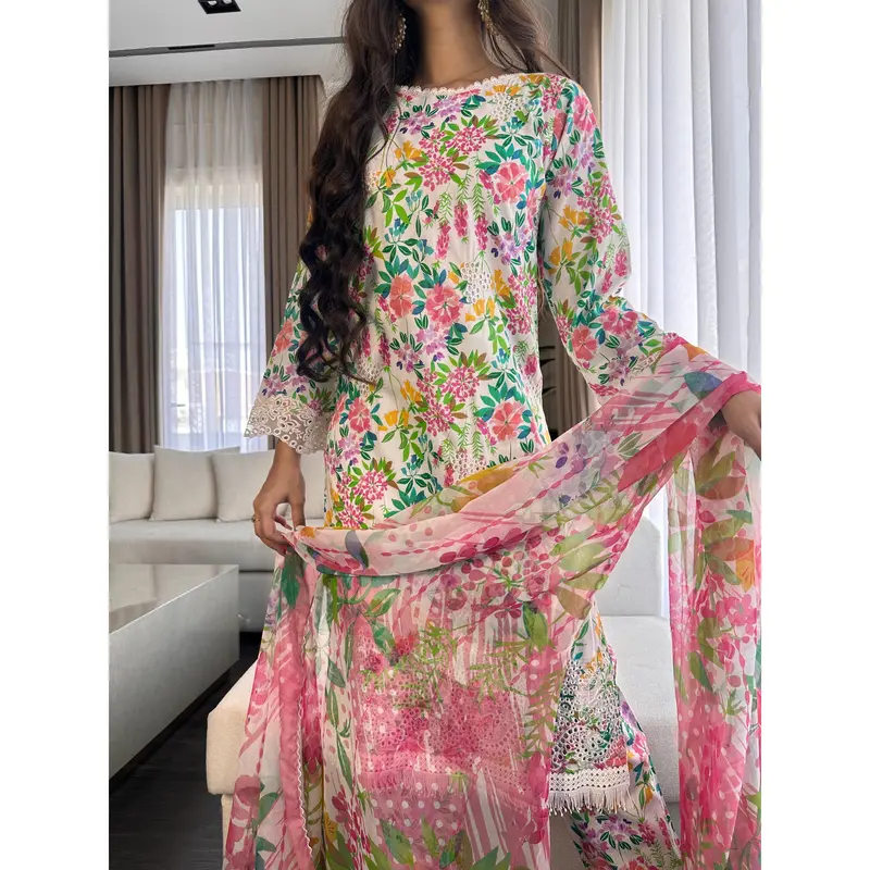 3 pcs Stitched WHITE lawn suit Ready to Wear with chiffon dupatta LNE-24017 2